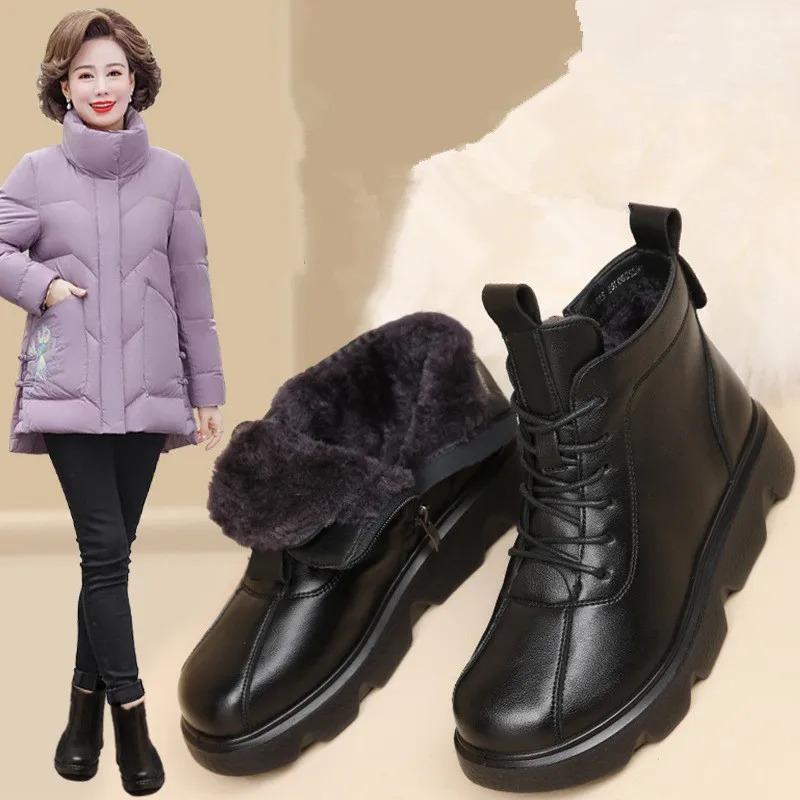 Women Boot Winter 2024 Women Genuine Leather Ankle Boots Female Round Toe Solid Colors Warm Fur Winter Boots for Women Boots