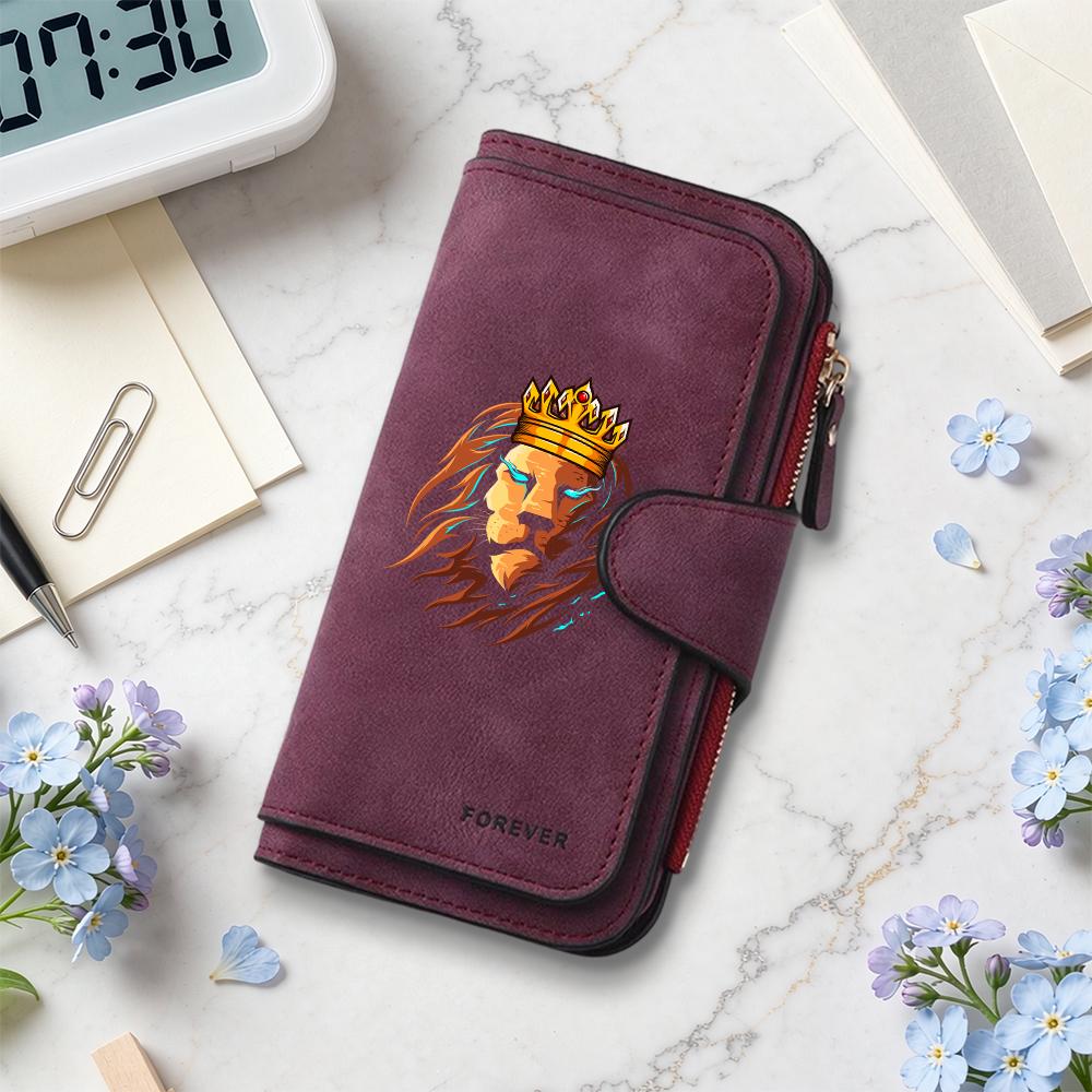 Men's Lion Crown Pattern Long Wallet Forever Letter Multi Slot Portable Card Holder Purse