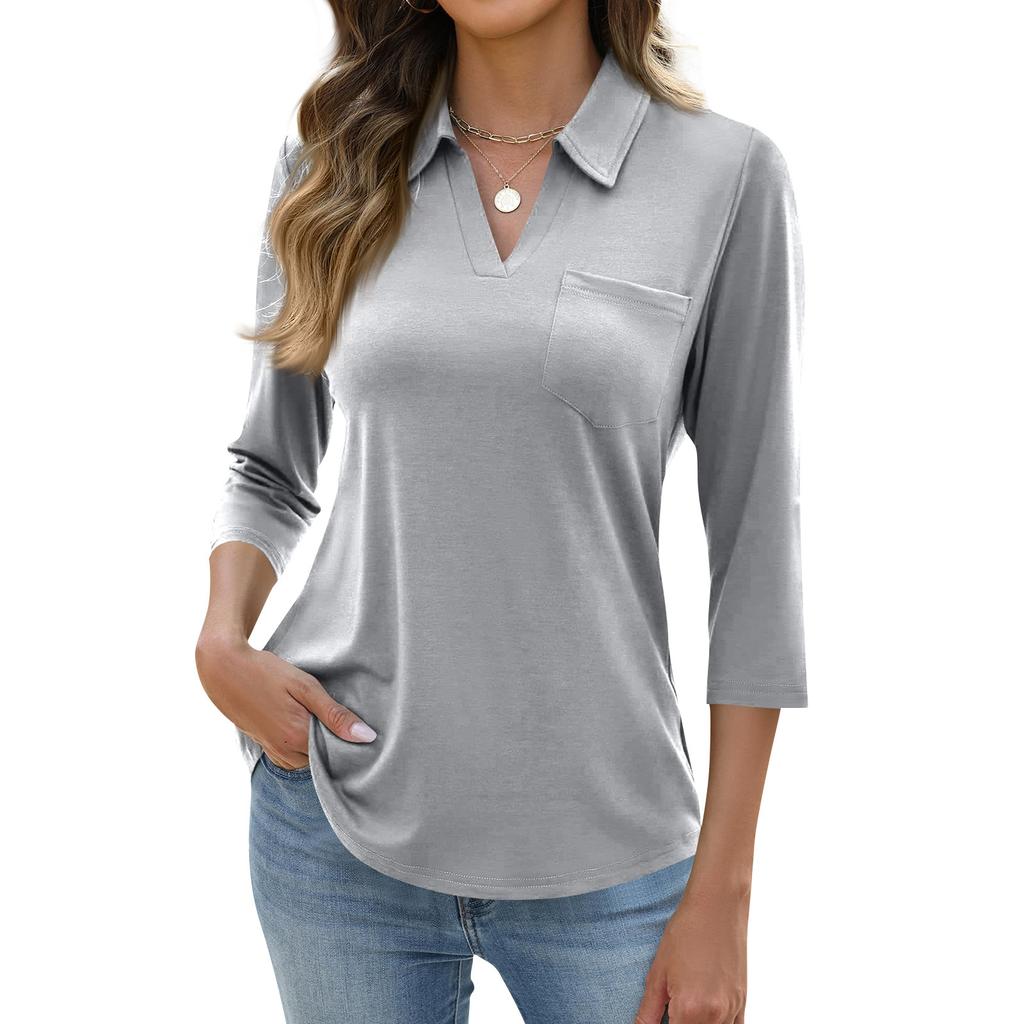 Damen Mode Lässig Revers Kurz 3/4 Ärmel Farbe Hemd Damen Oberteile