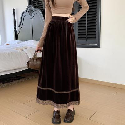Goldener Samt mit Spitze gespleißter Rock Mittel bis Lang Vintage Elegant Herbst/Winter Vintage Langer Rock Alles Kombinierbar Halbanger Rock