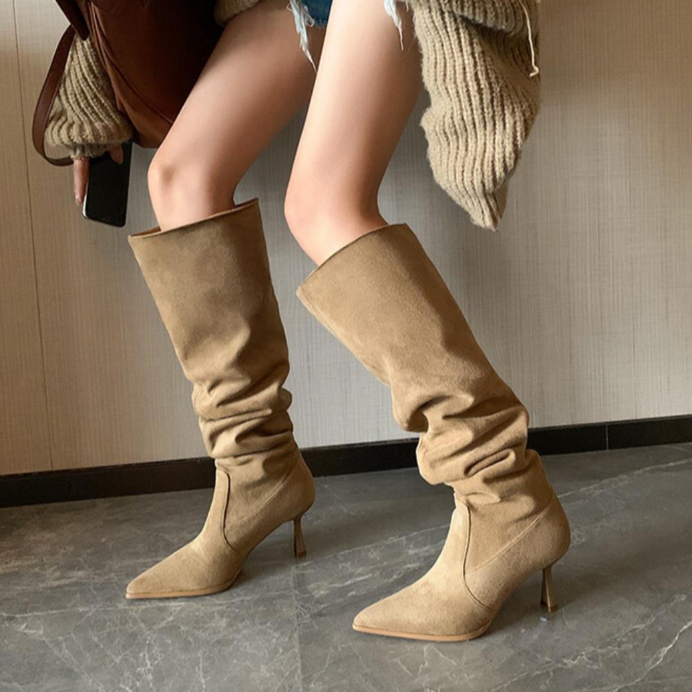 Long Boots for Women Spring and Autumn Large Round Pile Shoes Thin Heels High Shoes High Heels Thick Legs Knee High Boots Woman