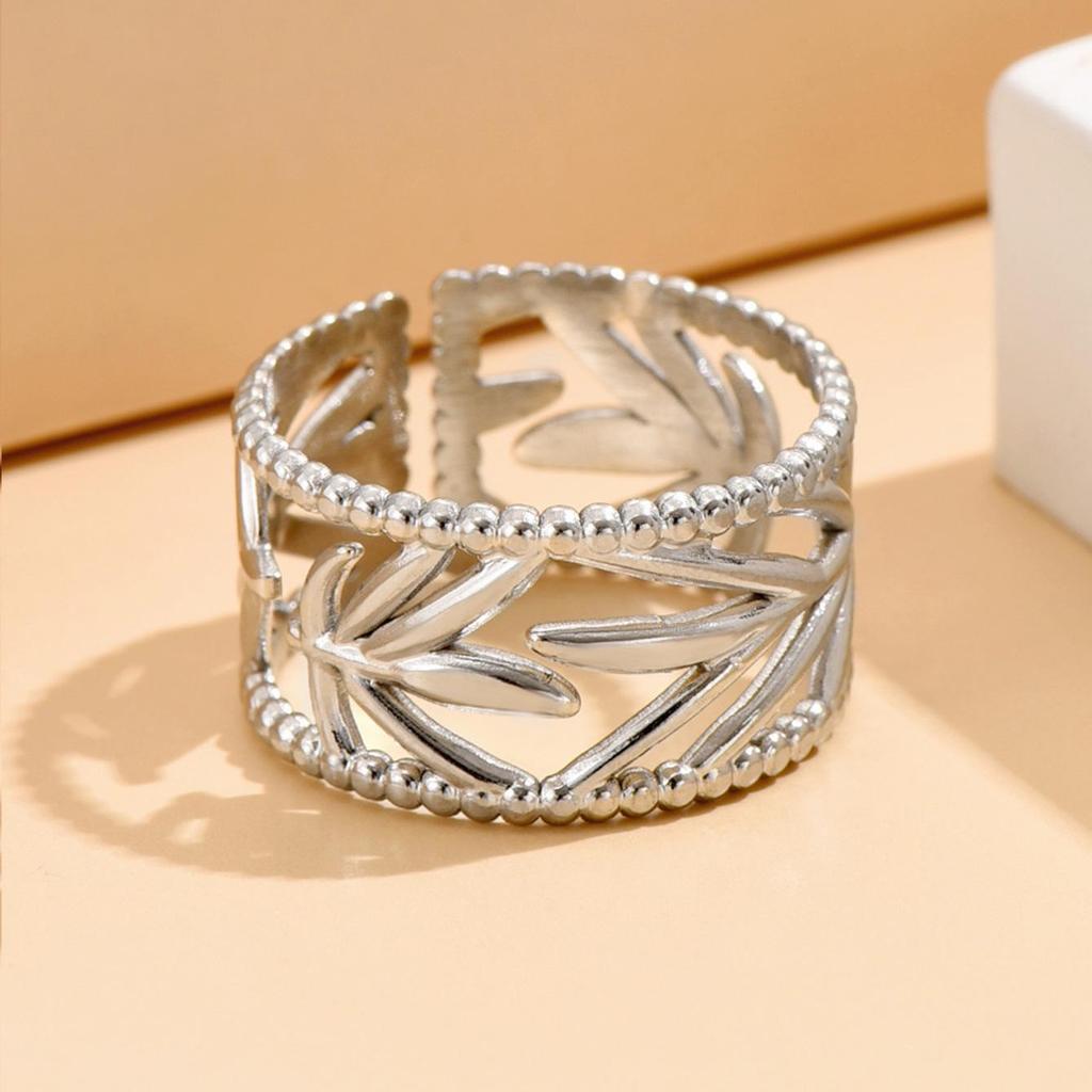 Gold-Plated Stainless Steel Leaf Ring – Adjustable Fairy Style for Women