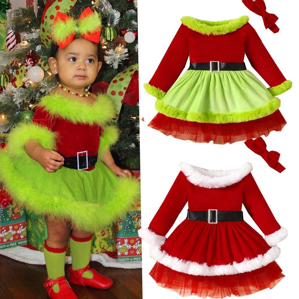 European & American Style Off-Shoulder Christmas Dress for Little Girls – Cute Mesh Puffy Skirt Princess Dress