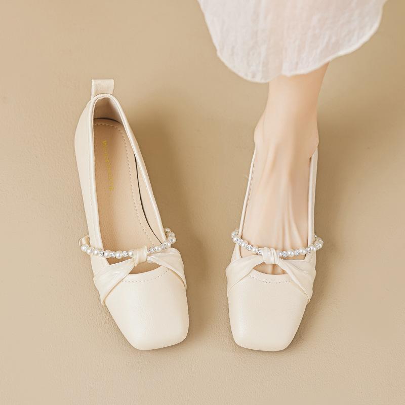 Elegant temperament square head beaded thick heel Mary Jane 2025 new lazy one-pedal soft-soled shallow mouth commuting shoes