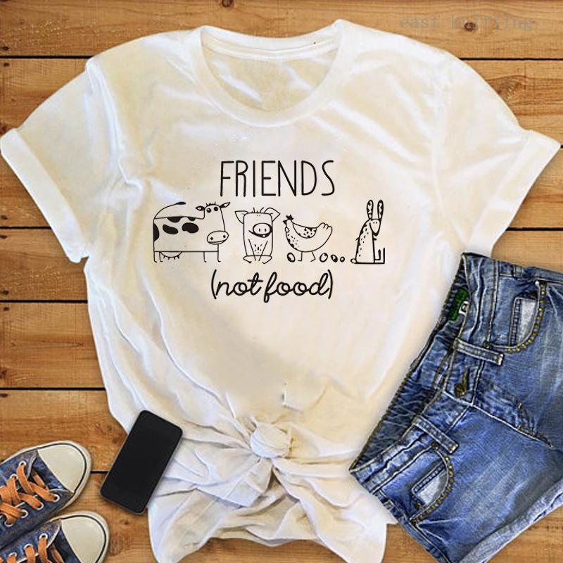 Friends Not Food Bedruckte Baumwolle Lockere Rundhals Kurzarm T-Shirts Damen