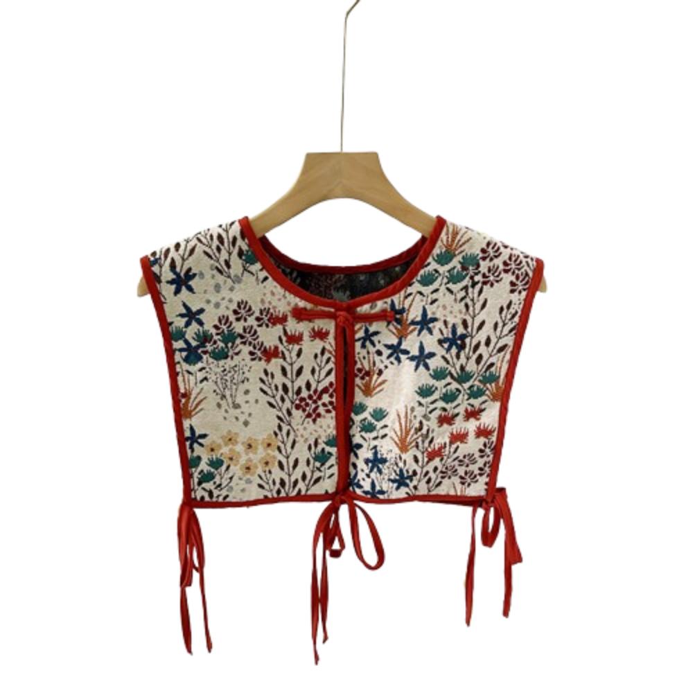 Motif Aléatoire Gilet Brodé pour Femmes Gilet Vintage à Lacets Mode Faux Col Capelet Féminin