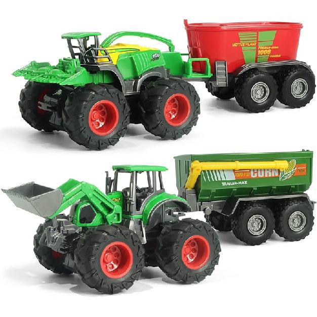 Monster Farm Tractor Toy, Friction Powered Monster Trucks Tractors Trailers, Diecast Metal Body Front Loader with Trailer &Fodder Mixer, Ideal Front Loader & Harvester