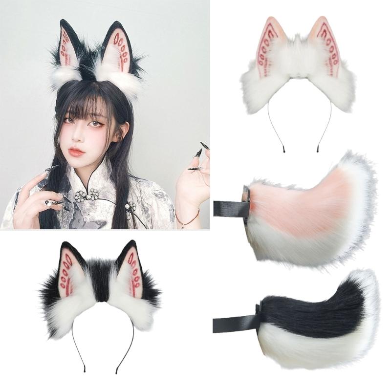 Faux Furs Bunnies Ears Headband Tail Animal Bunnies Costumes for Christmas Halloween Cosplay Party Costume Accessories