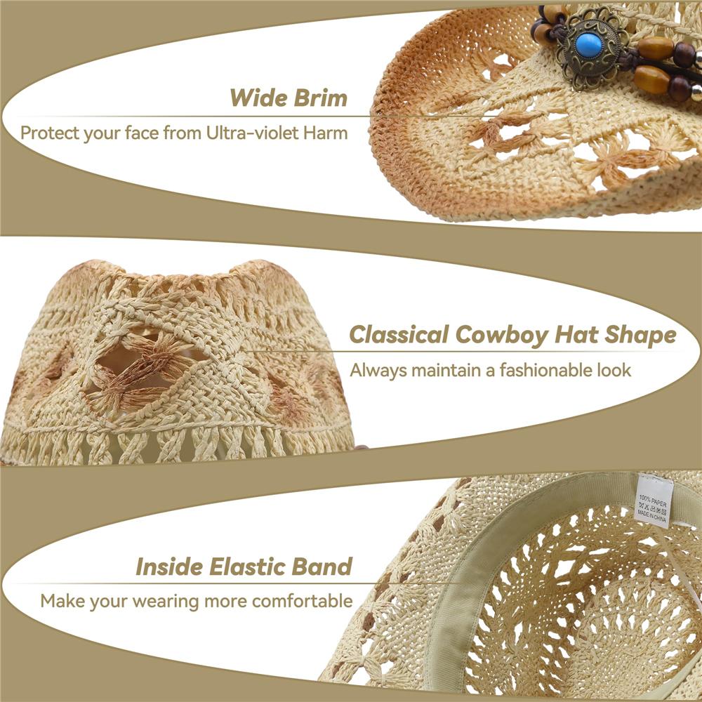with Vintage Decorative Bands Beach Sun Hat Wide Brim Western Cowgirl Hat Cowboy Hat for Holiday