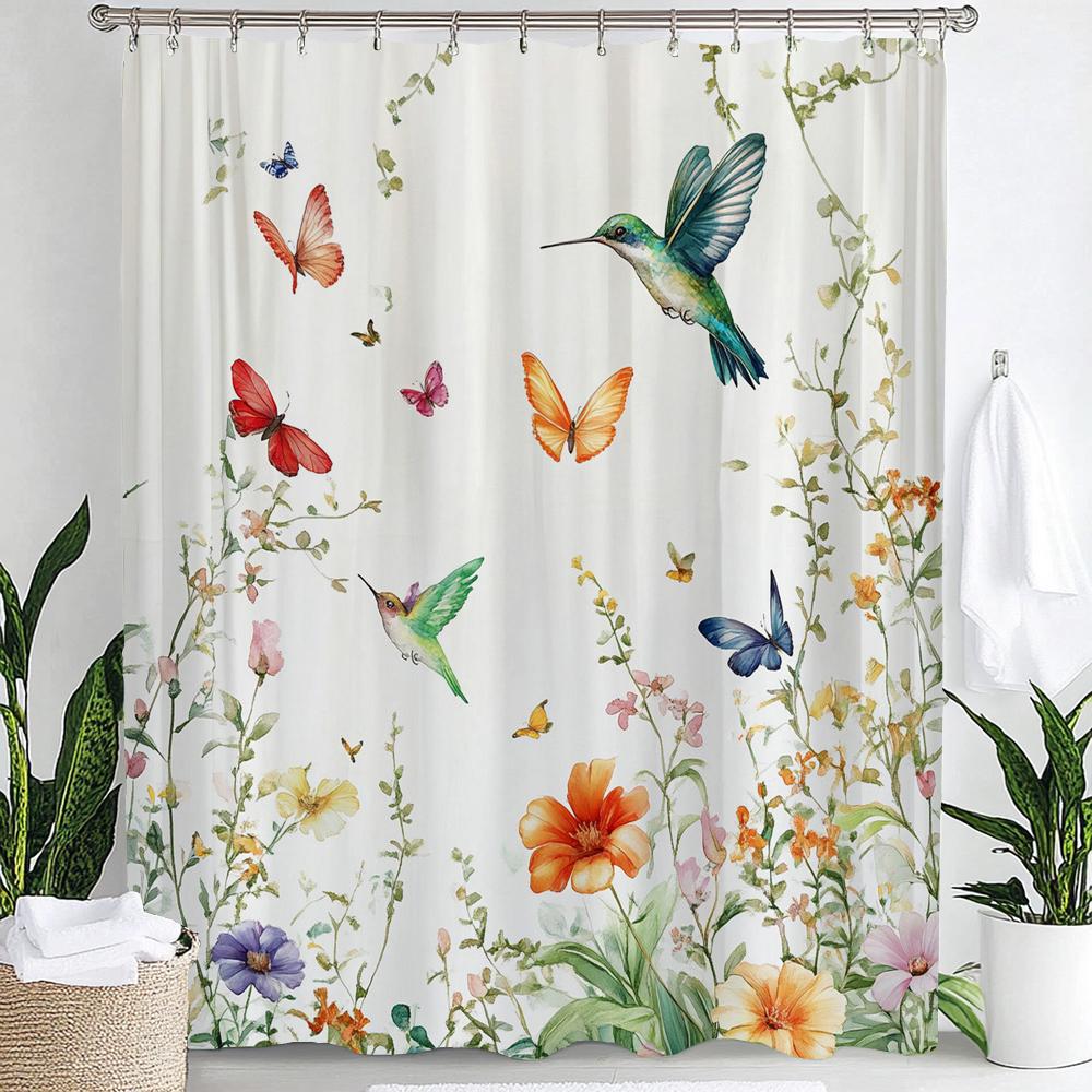 1Pc Colorful Flowers And Birds Print Waterproof Shower Curtain Partition Privacy Hanging Curtain With 12 Hooks Machine Washable