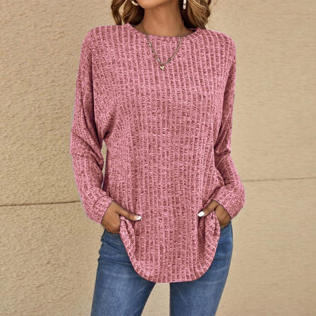 Women's Fashionable Solid Color Round Neck Long Sleeved Loose Fitting Pullover T-shirt Top