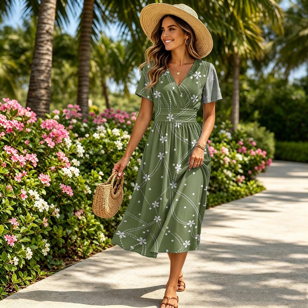 Women Midi Dress Short Sleeve V Neck Summer Casual A Line Waist Defined Floral Print Soft Lightweight Graphic Dress
