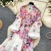 Summer New Pink Flower Print Chiffon Maxi Dress Women Long Lantern Sleeve Tiered Ruffle Long Dress Elegant Party Evening Dress