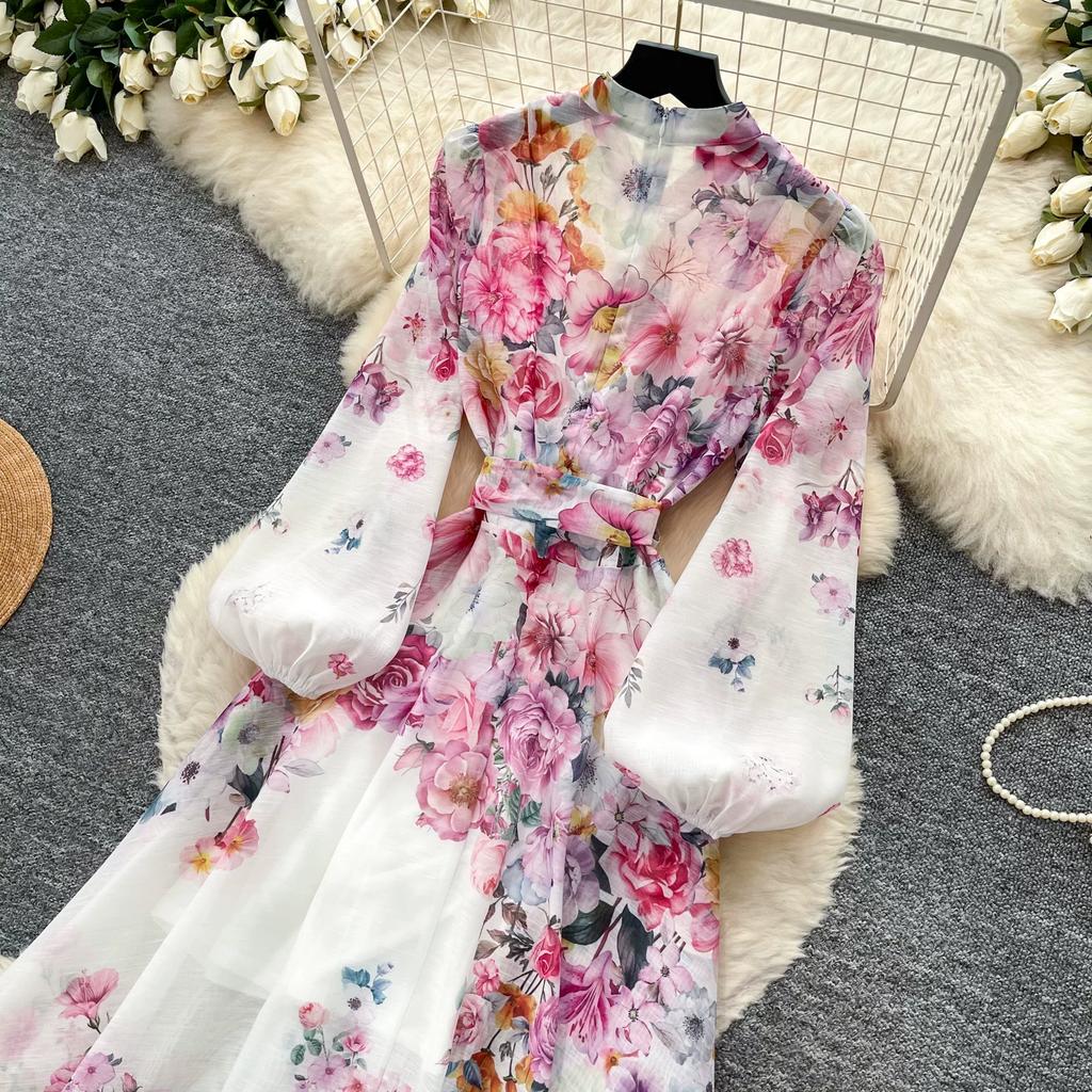 Summer New Pink Flower Print Chiffon Maxi Dress Women Long Lantern Sleeve Tiered Ruffle Long Dress Elegant Party Evening Dress