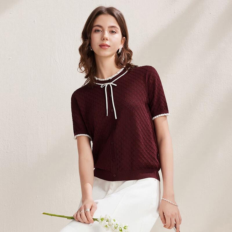 Zhaojun Silk Blend Lace Round Neck Short Sleeve Knit Top