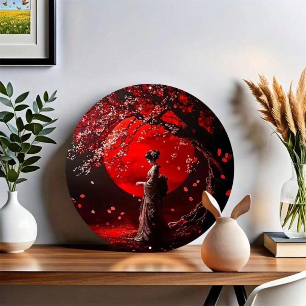 Vintage Japanese Geisha Metal Wall Art with Cherry Blossom Moon Pre Drilled for Home Office Decor Unique Gift