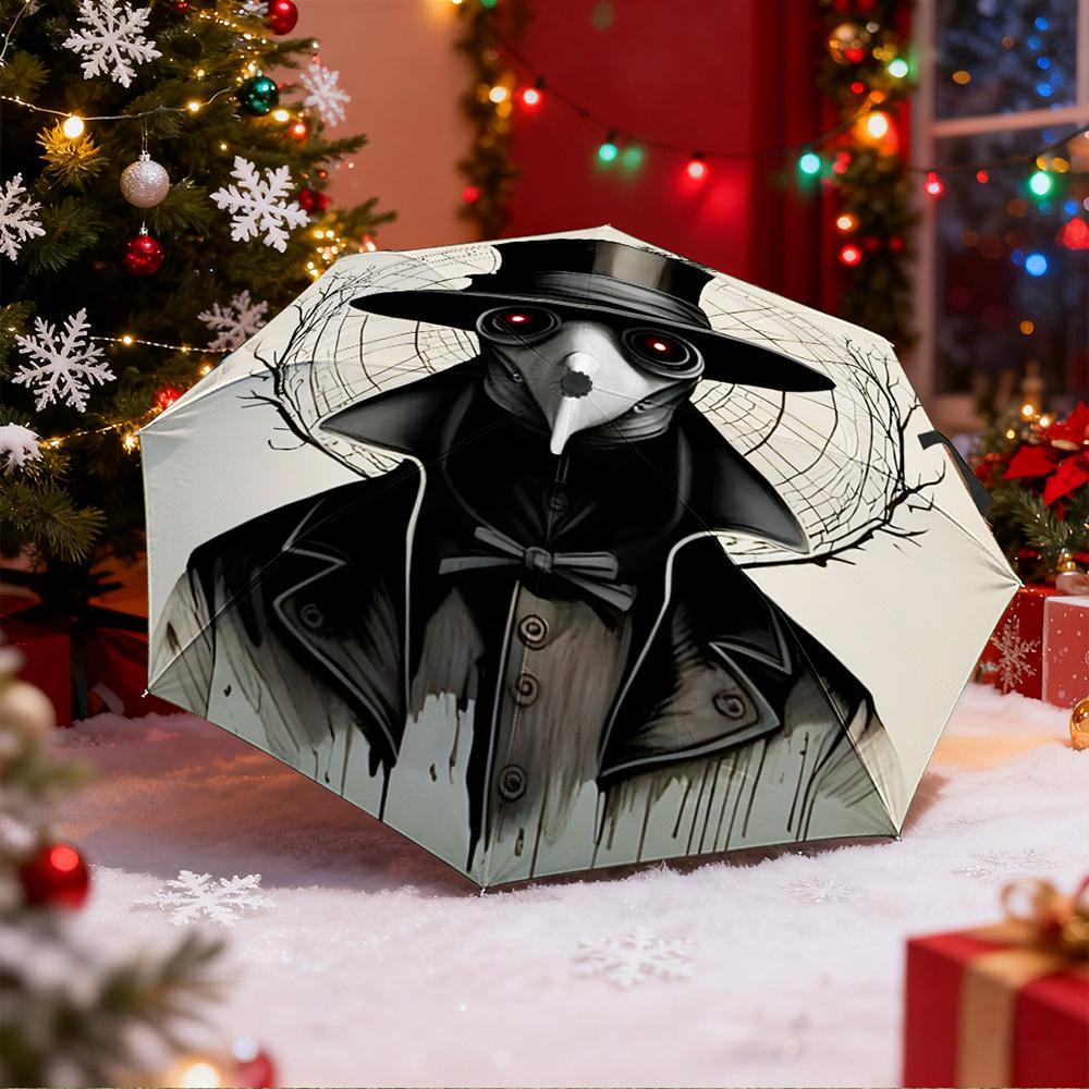 Automatic Umbrella with Victorian Plague Doctor Top Hat Portrait Print, Windproof Travel Umbrella for Adults, Outdoor Rain Gear