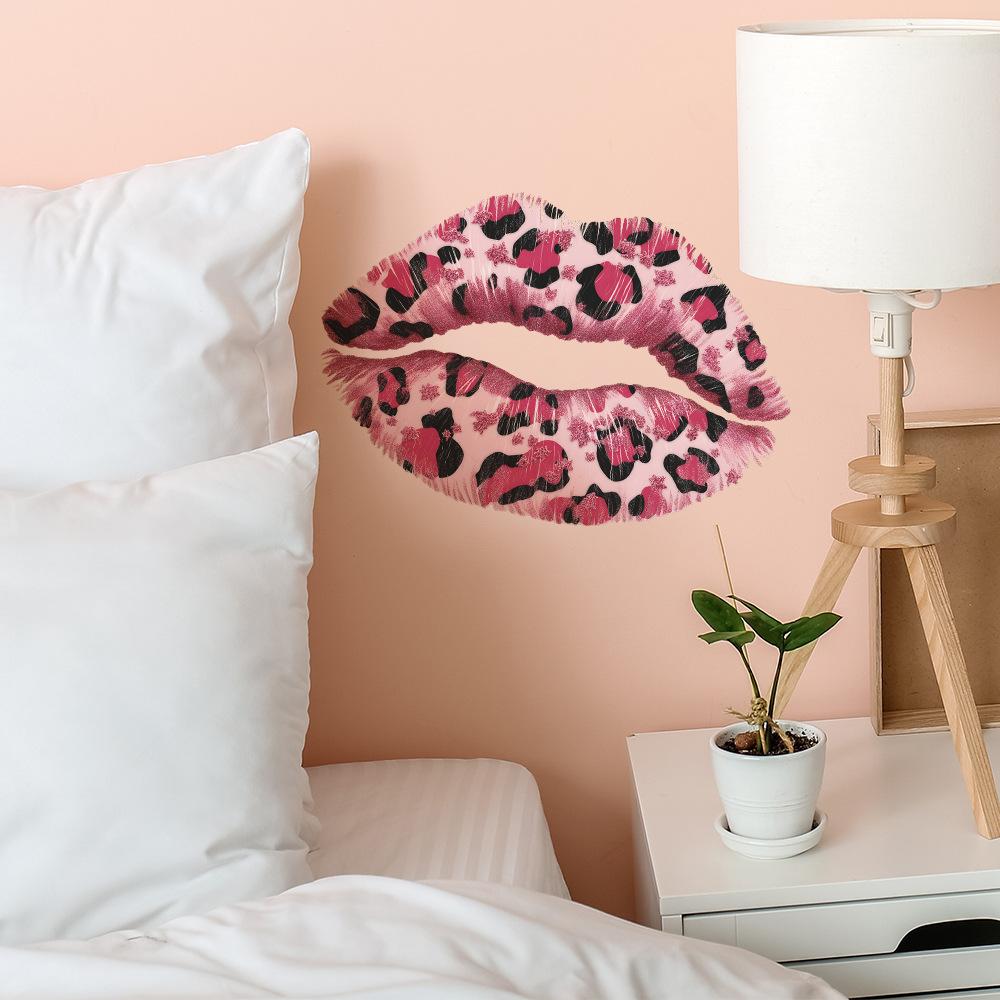 Creative Pink Leopard Print Red Lip Wall Decoration Stickers for Bathroom and Bedroom Walls