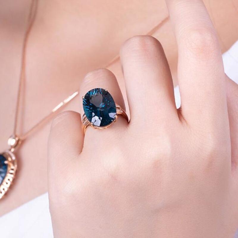 Peacock Blue Egg Shape Gemstone Crystal Women's Vintage Elegant Luxury Engagement Wedding Ring