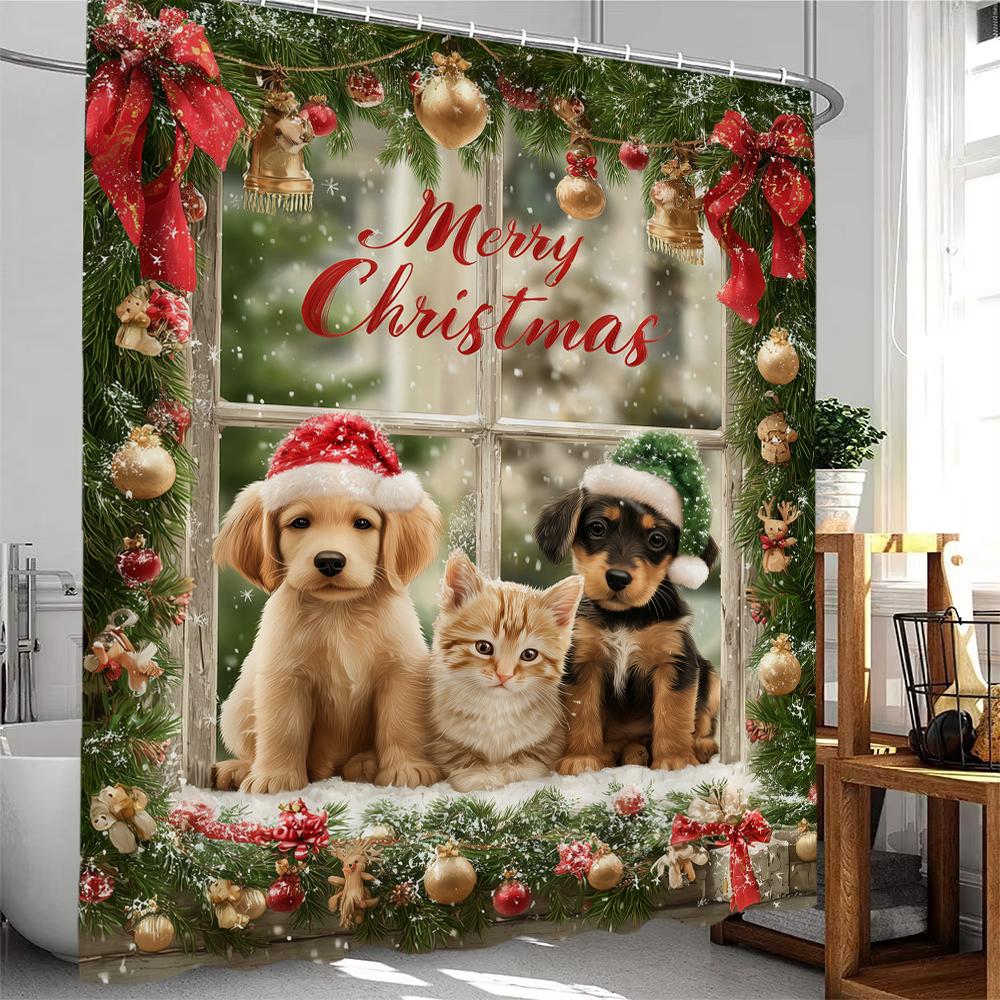 

Cute Cat Dog Christmas Shower Curtain Snowman Santa Claus Bathroom Curtain With Hooks home Christmas Holiday Decorative Curtain 90x180cm
