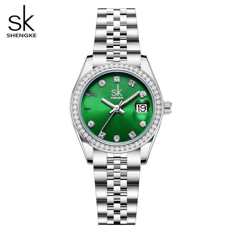 Montre-bracelet à quartz pour femme SK avec zircone, bracelet en acier et calendrier - En stock, Expédition rapide, Sensation de niche haut de gamme