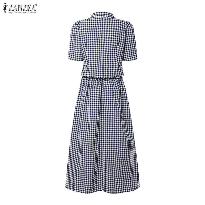ZANZEA Women Short Sleeve Blouse and Long Skirts Plaid Print Two Piece Suit Sets