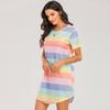 Plus Size Women's Summer Short Sleeved Rainbow Striped Loose Pajama Dress