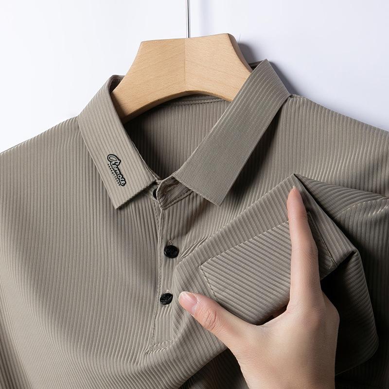 Short Sleeve Lapel Polo Shirt Men'S Medium Ice Silk Top Men'S Striped Thin T-Shirt