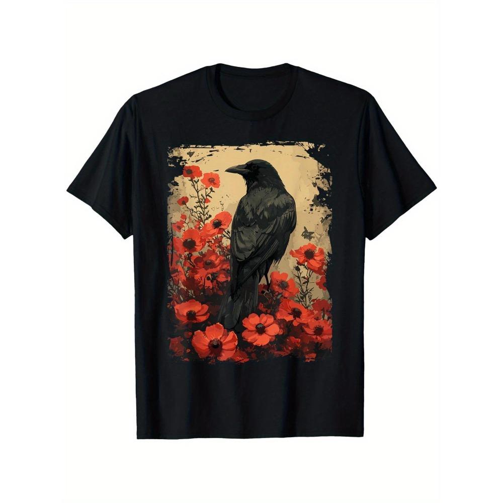 Gothic Crow and Red Poppy Pattern T-Shirt Vintage Flower Crow S