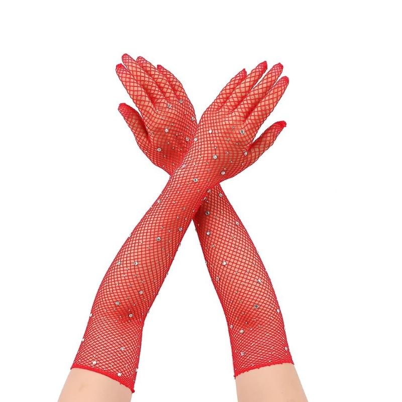 

Rhinestone Shiny Sleeve Covers Women Party Sexy Lace Black Elastic Hollow-out Long Fishnet Gloves Performance Dance Hand Gloves One Size красный