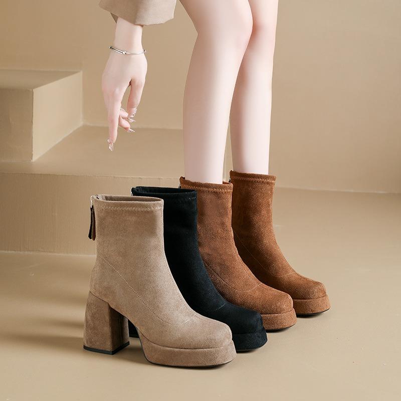Fleece Thin Boots Women's Short Boots New Round Head Thick Heel Suede Elastic Socks Boots Waterproof Table Warm and Ankle Boots