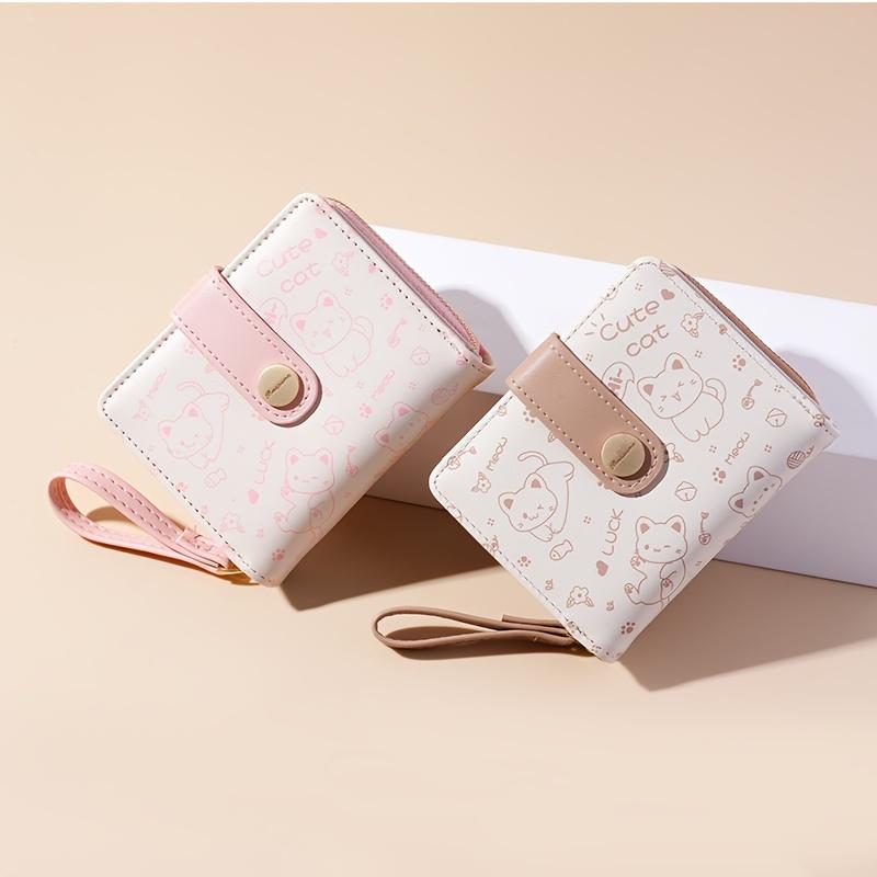 Casual Bi-Fold Kawaii Cat Wallet - Chic Credit Card & Coin Clutch With Secure Buckle Polyester Lining And Convenient Lanyard