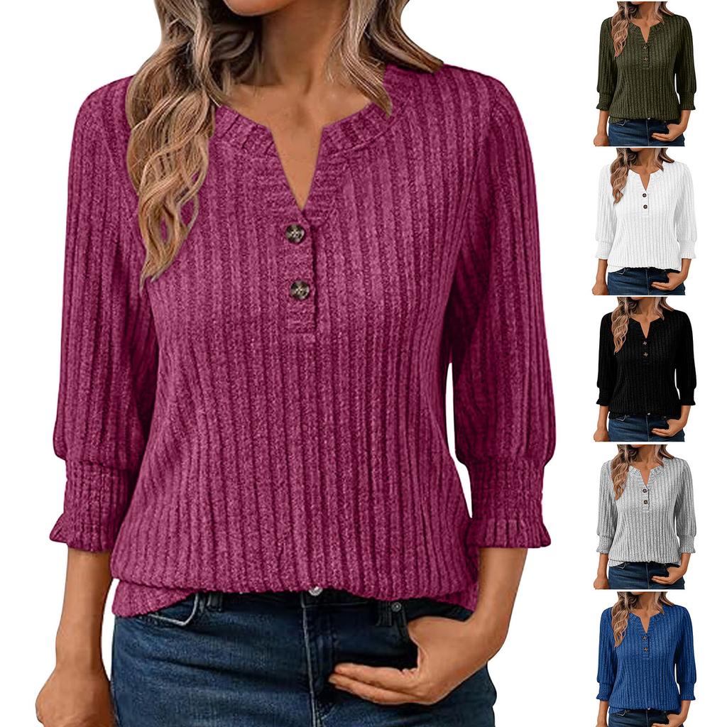 Women's Casual Top Solid Color V-neck Button Up Seven Quarter Sleeve Top