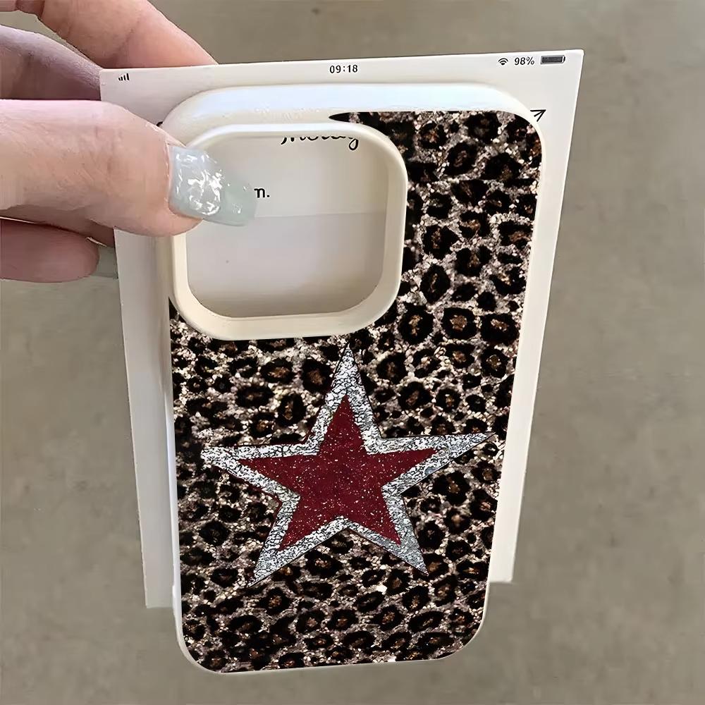 Leopard Print And Glitter Star Phone Case For iPhone 17 Pro Max 16 Plus 15 Pro 14 13 12 11 XR 17Air Lychee Textur Soft Cover