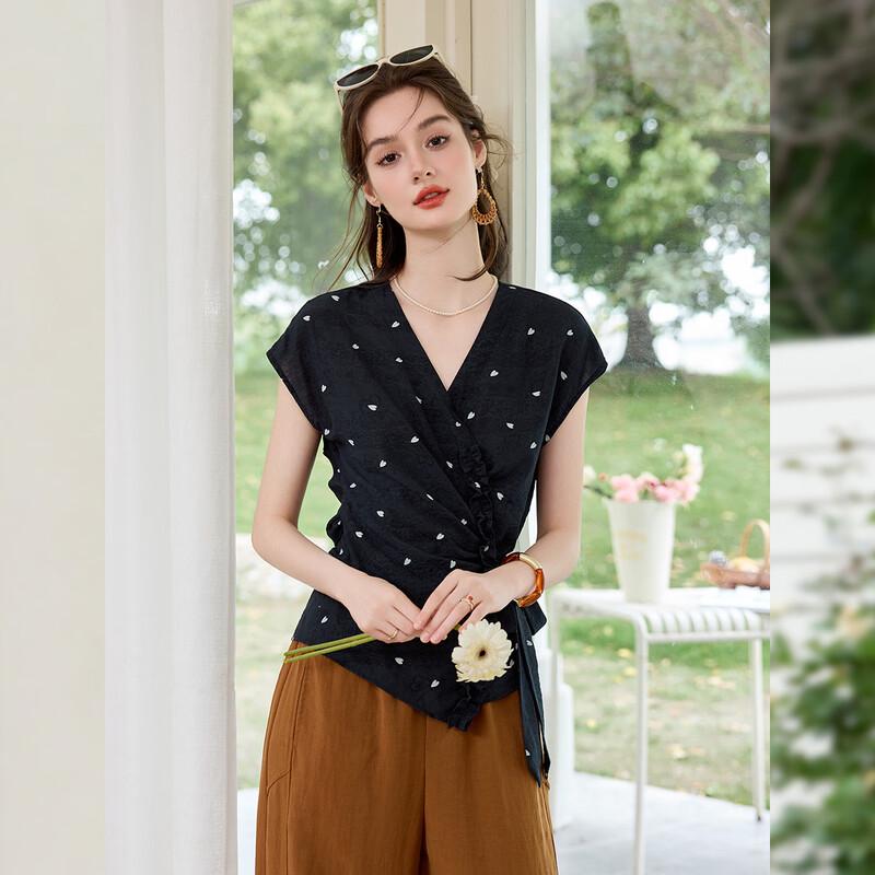 French Style V-Neck Ruffle Blouse M
