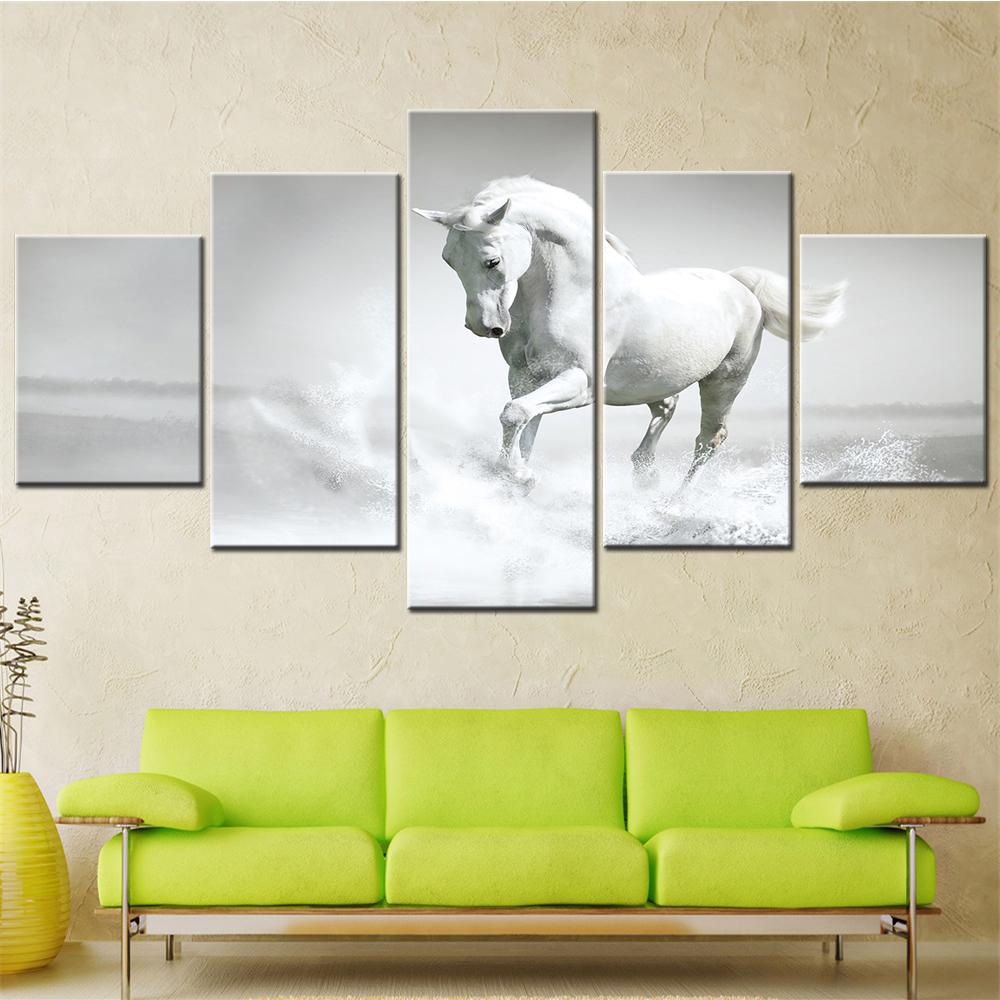 White Horse Animal Wall Art Canvas Set Living Room Bedroom Teenager Decor Modern Abstract Poster Picture - Modular Giclee Print