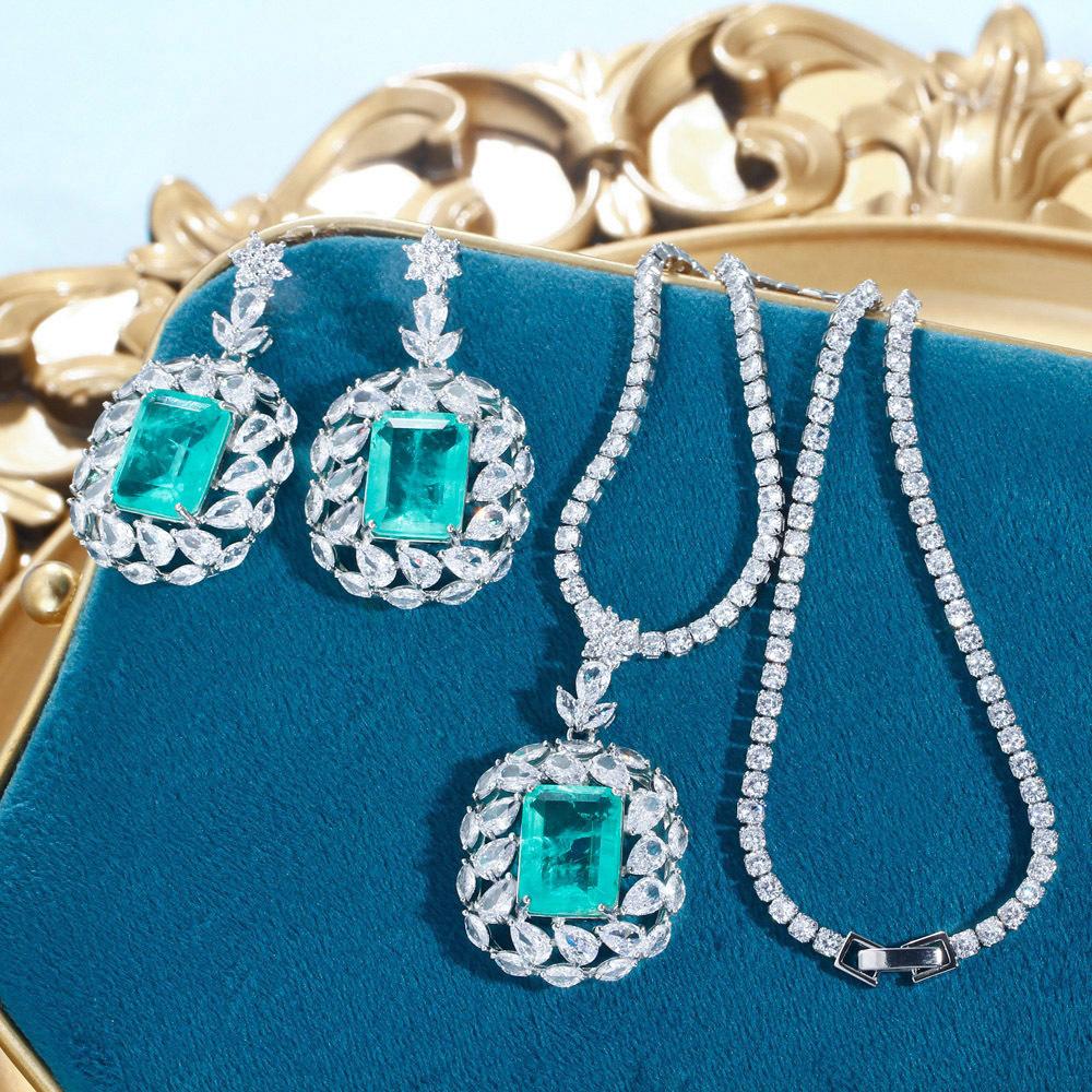 Designer Imitation Paraiba Micro-Inlaid Zircon Necklace Earrings Set Sea Blue Treasure Set Chain