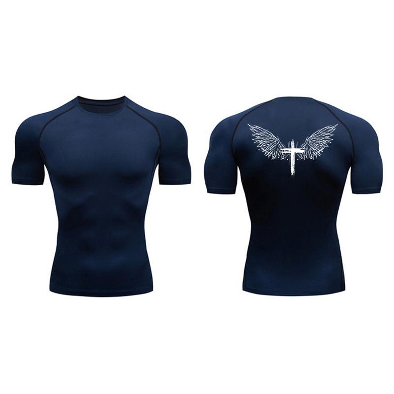 Cross Print Short Sleeve Compression Shirts for Men Athletic Quick Dry Tees Tshirt Gym Workout Running Undershirts Baselayers