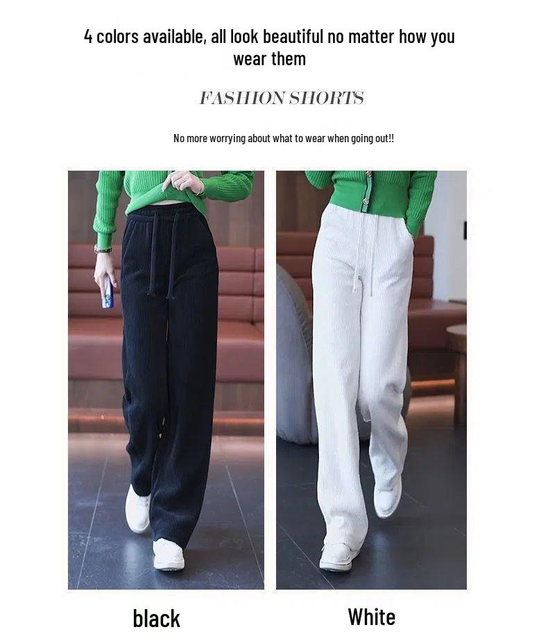 Women's Black Corduroy Wide-Leg Pants with Fleece Lining for Autumn/Winter 2025