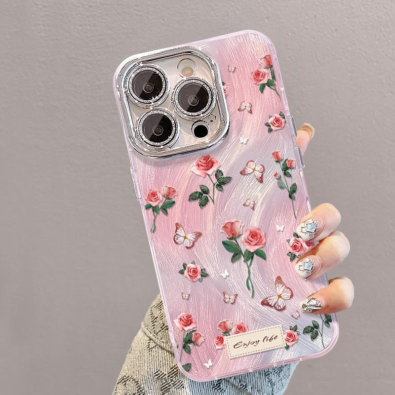 Rose Butterfly Bracelet for IPhone16promax Apple 15 Feather Yarn Mobile Phone Case 14 Lens Film 13 Full Package