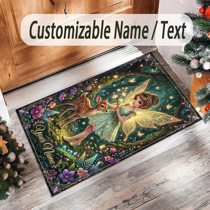 Forest Theme Crystal Velvet Floor Rug Personalized Custom Name Text Warm Carpet Home Decoration