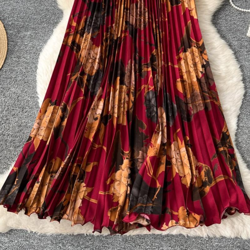Spring Summer Women Elegant Vintage Print Elastic Waist Long Maxi Pleated Skirt Only Have One Size