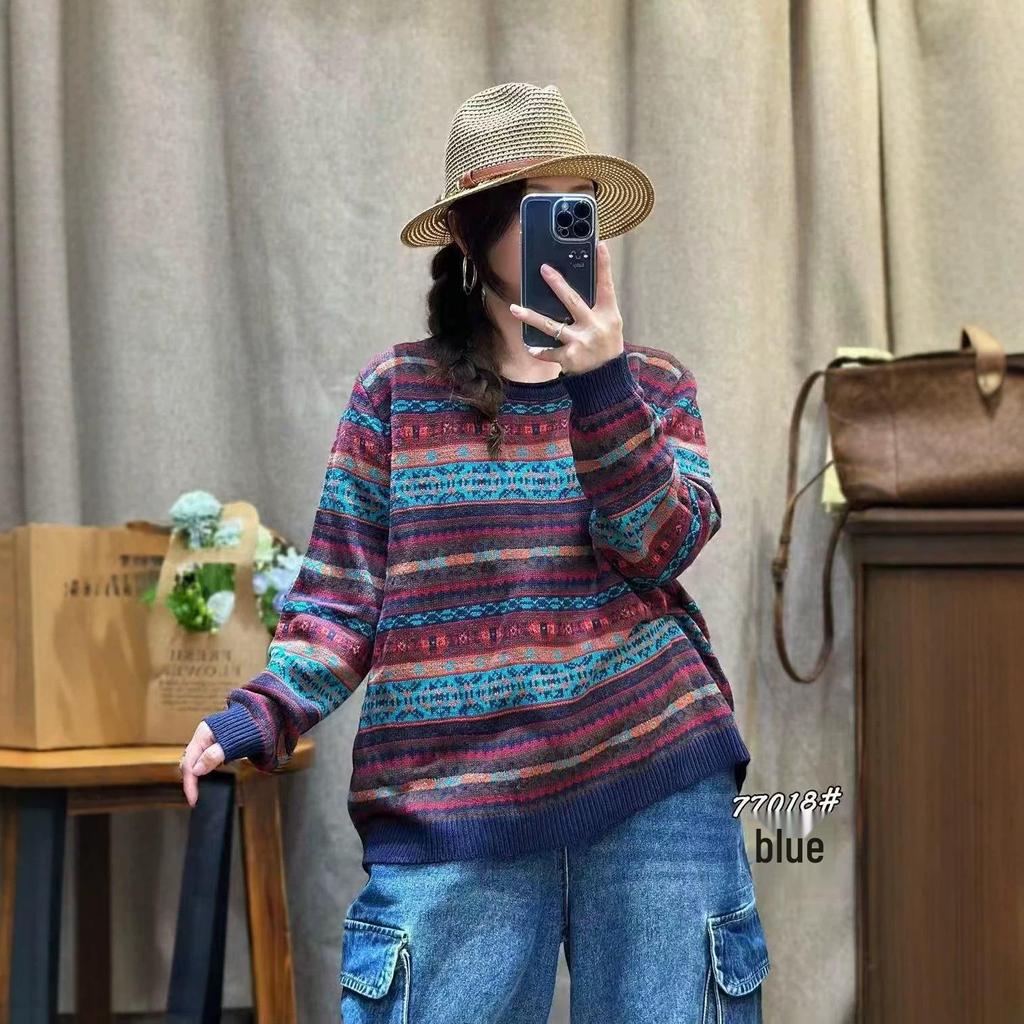 Women's Korean Style Jacquard Sweater: Loose Casual Round Neck Knit Pullover for Autumn/Winter