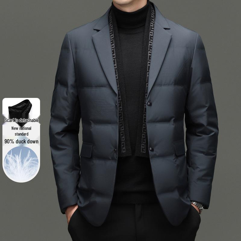 Men's Winter Suit-Style White Duck Down Jacket with Detachable Scarf, 90% Down Filled for Cold Protection and Warmth.