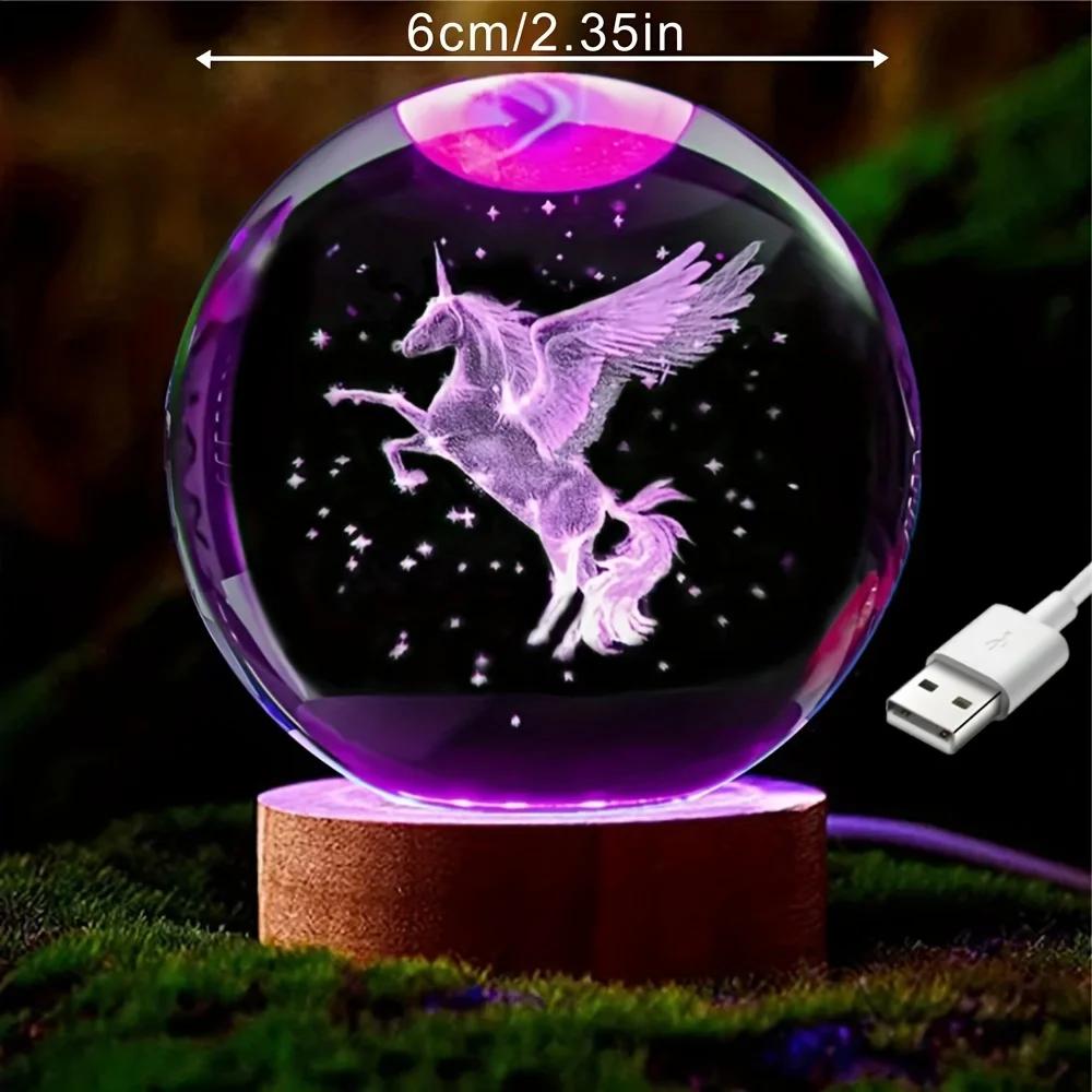 6CM Unicorn Crystal Ball Decorative Crystal Glass Ball Laser Internal Carving Colorful Light Base Ornament Valentine's Day Gift