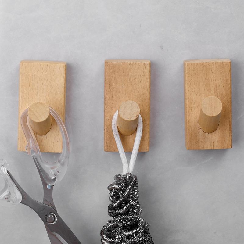 Wooden Wall Hooks Wall Mounted Self Adhesive Wood Hook with Glue Heavy Duty Hangers Rack for Towel Key Hat Home Organizer Holder