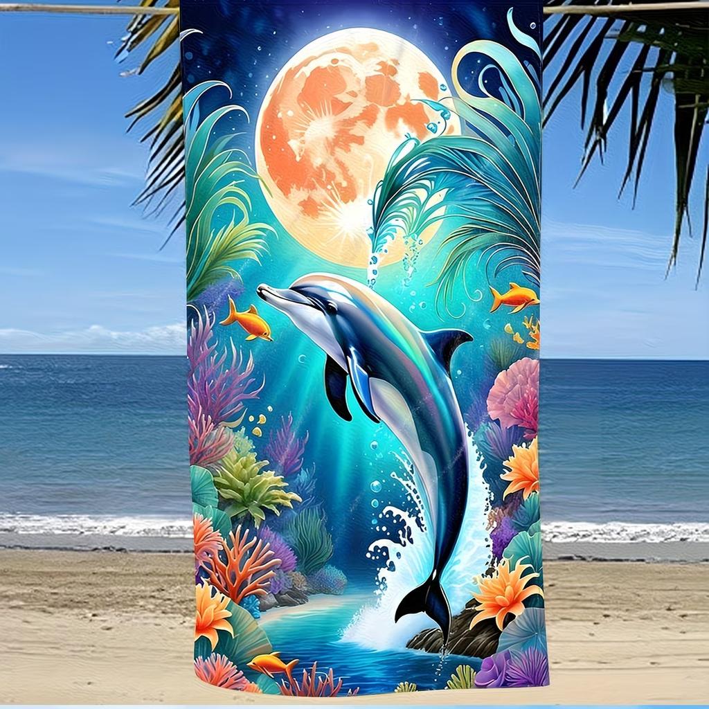 Oversized Dolphin Beach Towel Microfiber, Extra Large Full Body Wrap Quick Dry Sand Free Towel, XL Tropical Sea Vacation Gift