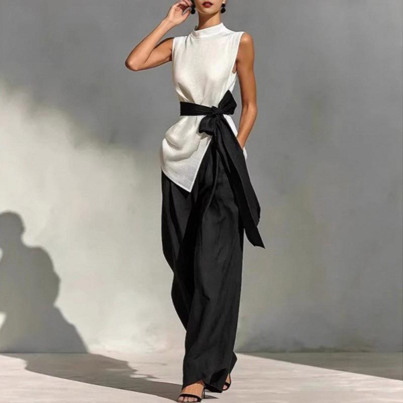 Women's Lace Sleeveless Contrast Color Suit Top + Wide-leg Pants Two-piece Set