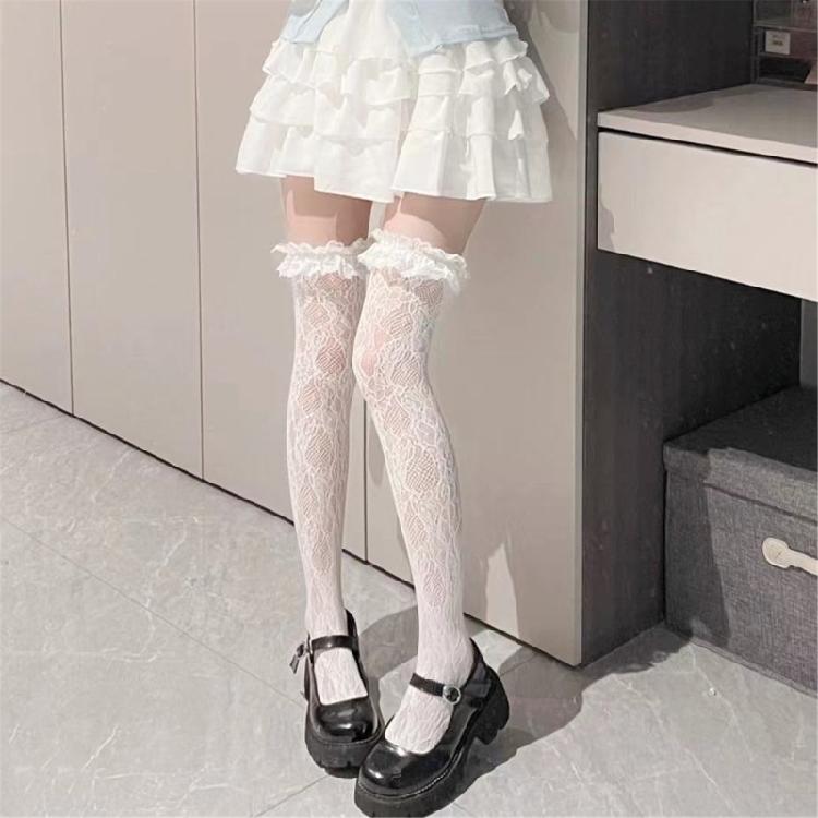 Thigh Highs Stockings with Ruffle Trim Women Flower Lace Fishnet Over Knee Socks