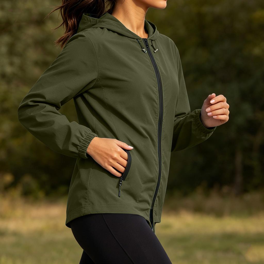 Women's Plus Size Lightweight Hooded Jacket Long Sleeve Zip Up Foldable Windbreaker with Storage Bag Outdoor Casual Coat